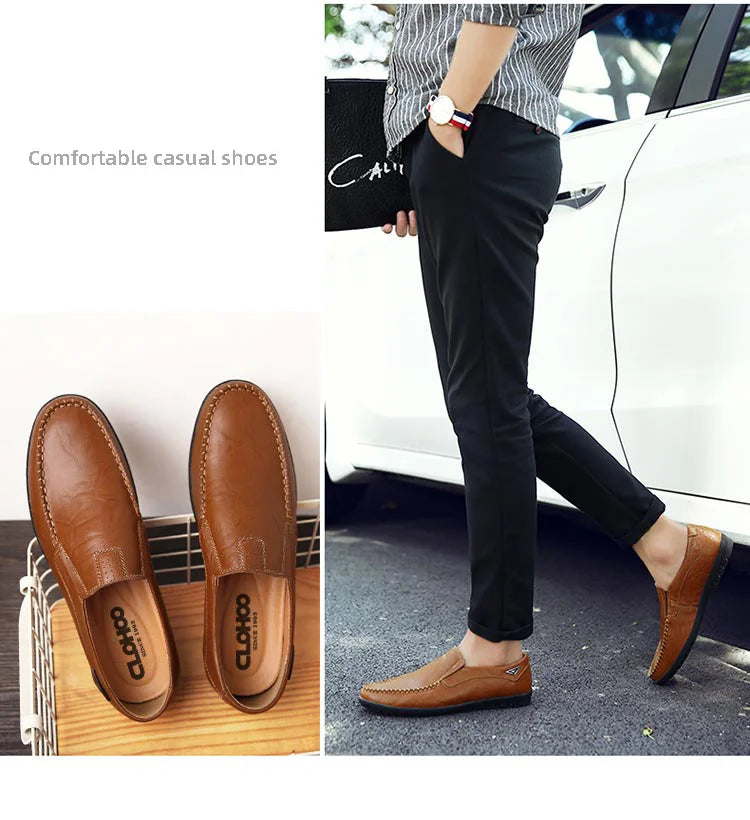 CLOHOO Men's Handmade Casual Loafers Anti-Slip Comfortable Slip-On Driving Comfortable Leather Shoes
