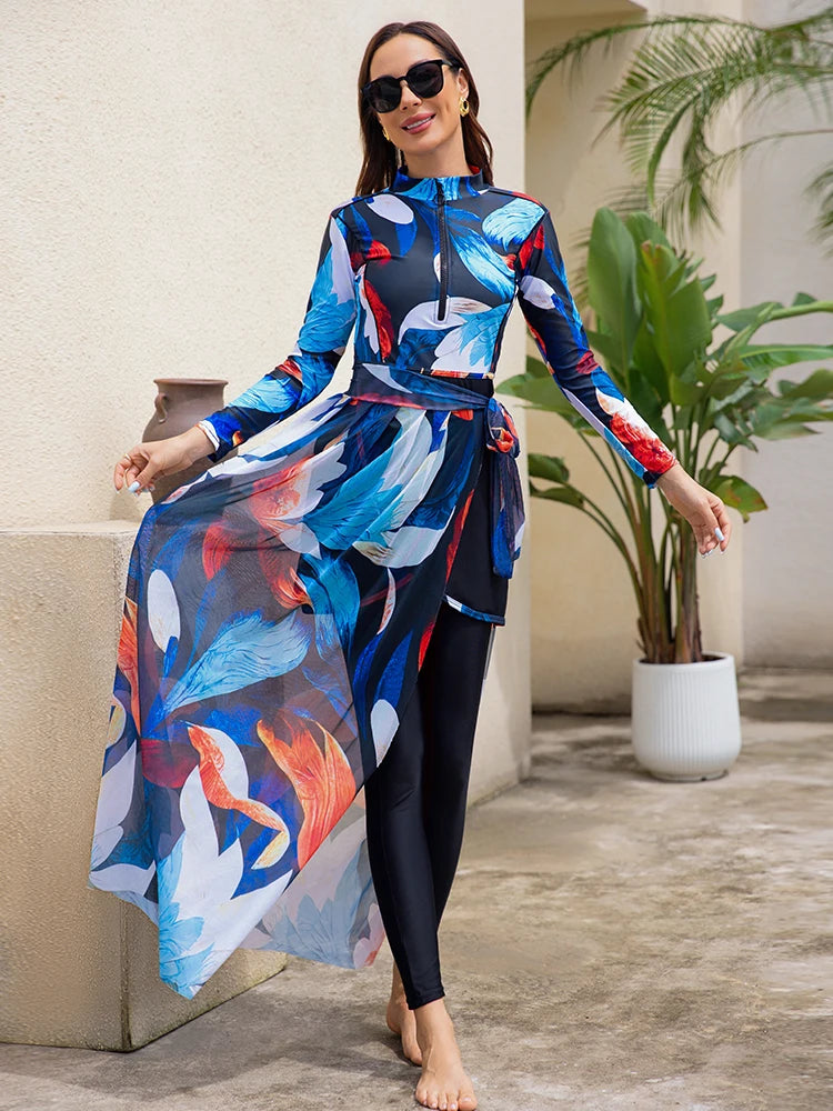 3/4PCS Summer Burkini Femmes Beach Floral Muslim Swimwear Swimsuit Women Burkini With Shawl, Quick Drying, UPF50+