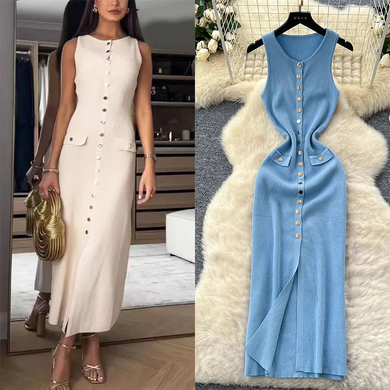 2025 New Women Chic Fashion With Golden Buttons Knitted Midi Dress O Neck Sleeveless Female Dresses Vestidos Mujer