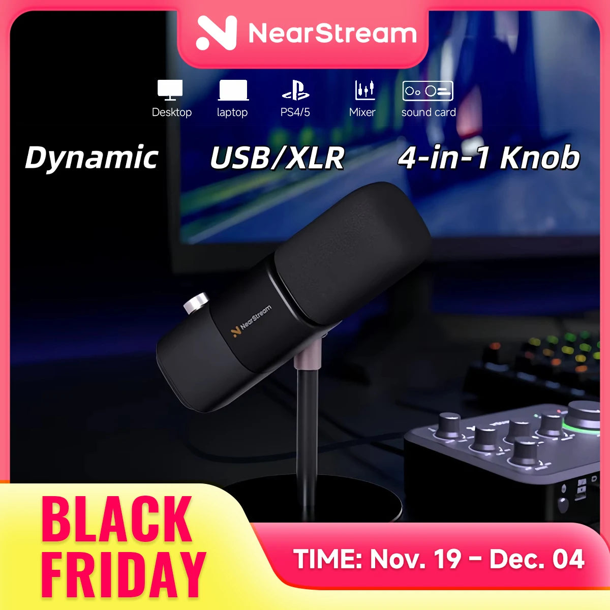 NearStream Dynamic XLR USB Mic Desktop Professional Microphone Plug-and-Play for Gaming Studio Streaming Podcast Recording pc