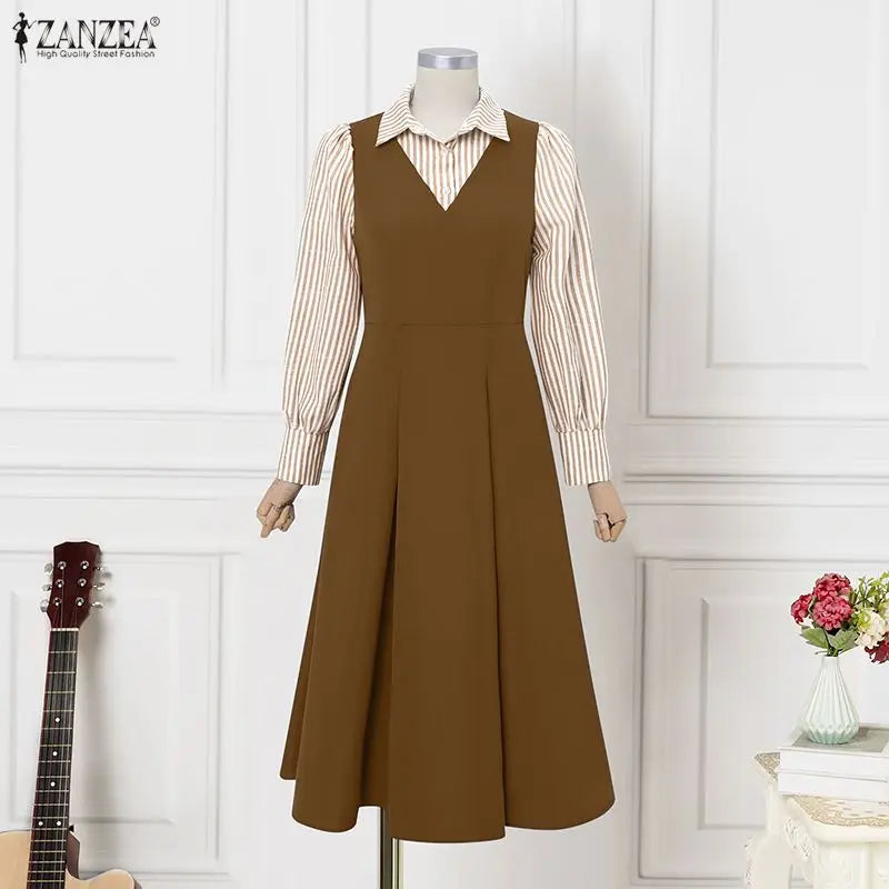 ZANZEA Women Long Shirt Dresses Autumn Long Sleeve Striped Fake 2 Piece Shirts Maxi Robe Fashion Elegant Office Party Vestidos