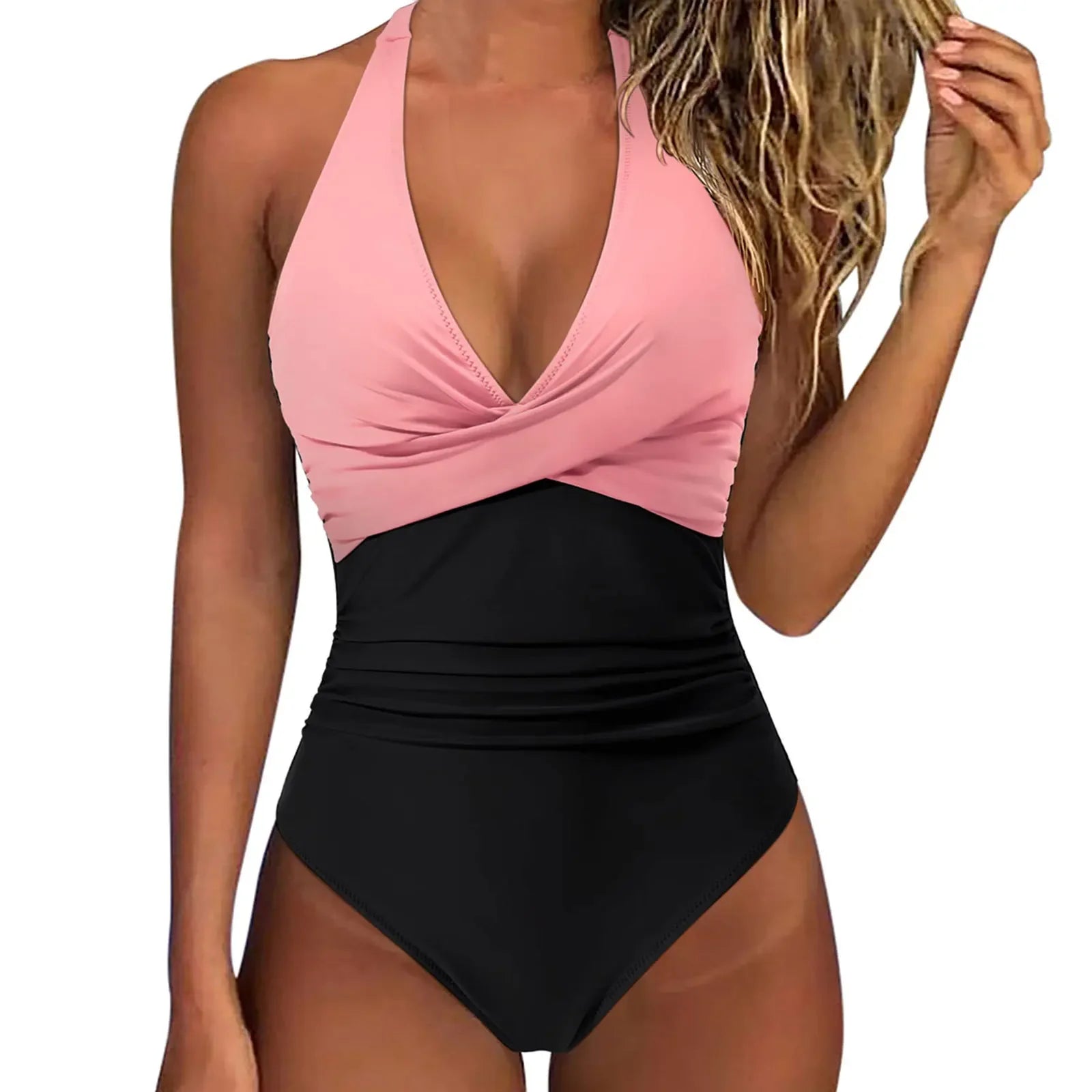 S - XXL Wrinkled Halter V Neck One Piece Swimsuit Women Swimwear Female Monokini Backless Bathing Suit Swim Beachwear Bodysuit