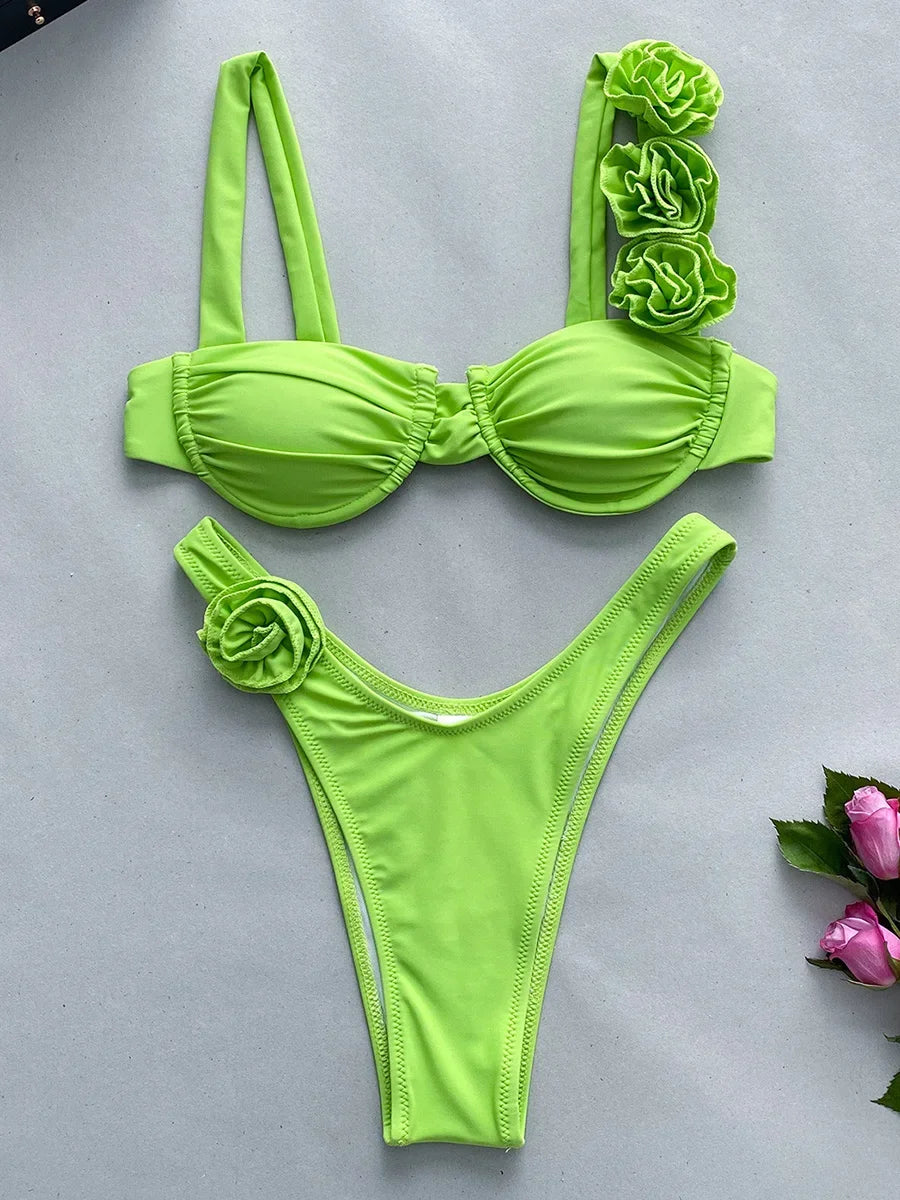 Sexy 3D Flowers Underwired Brazilian Bikini Women Swimwear Female Swimsuit Two-pieces Bikini Set Triangle Bathing Suit Swim Lady
