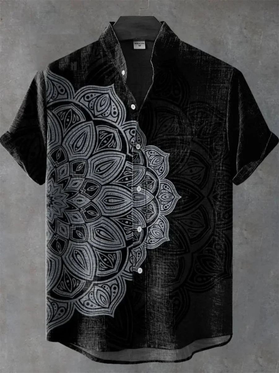 2025 Men's Mandala Flower Pattern Short Sleeve Shirt Summer Vintage New Linen Shirt men's Short Sleeve Leisure Holiday Streetwea