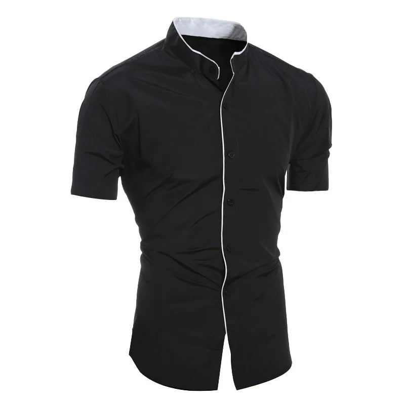 Summer men's stand collar solid color block short sleeve shirt casual fashion single breasted men's contrast shirt