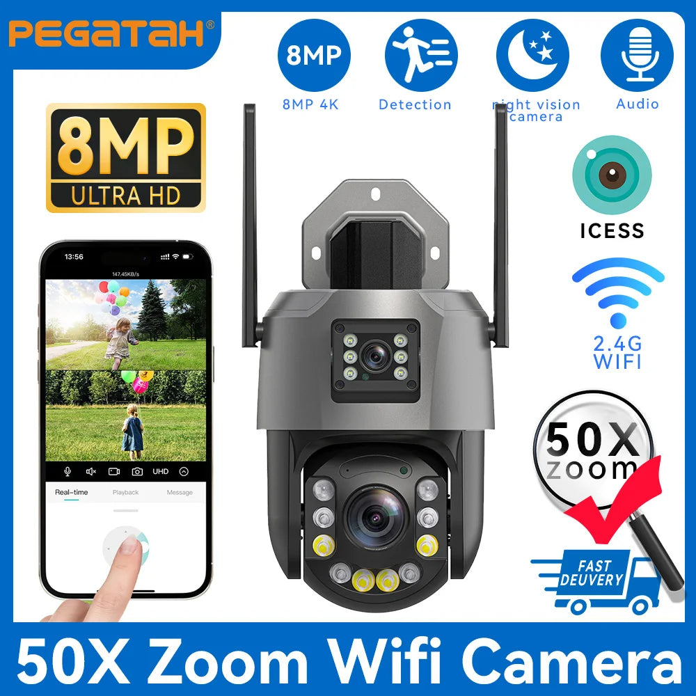8MP 50X Zoom PTZ Camera Wifi Dual Lens 4K 20X Outdoor Surveillance Camera 393ft Ultra Long IR Vision Distance ONVIF Security