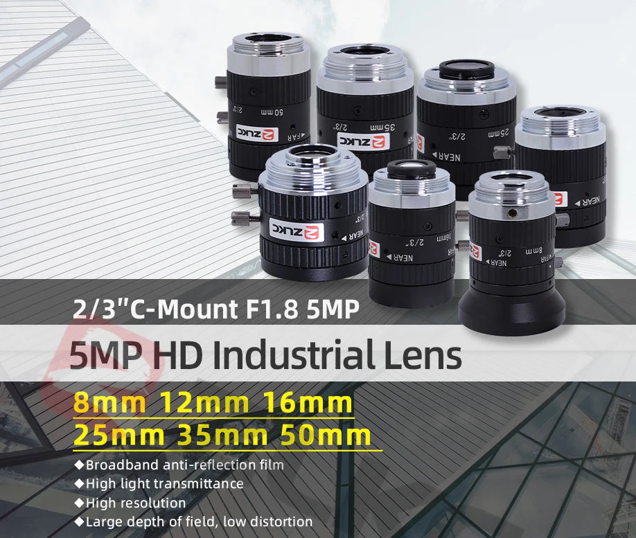 ZLKC 5MP C Mount 8mm 12mm 16mm 25mm 35mm 50mm Lens 2/3 Inch FA Machine Vision Industrial Camera Manual Iris Low Distortion F1.8