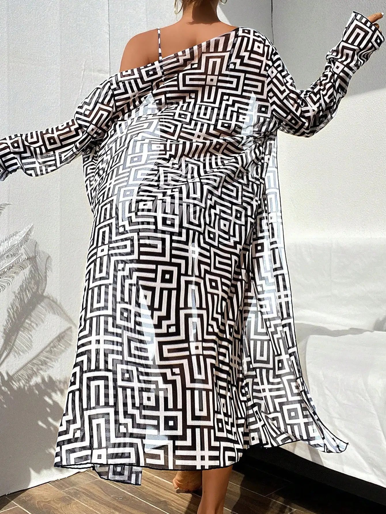 Women's Beach Summer Geometric Print Three-Piece Swimsuit Set with Long Sleeve Beach Cover-Up, Polyester Knit Fabric with Elasta