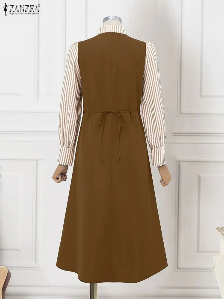 ZANZEA Women Long Shirt Dresses Autumn Long Sleeve Striped Fake 2 Piece Shirts Maxi Robe Fashion Elegant Office Party Vestidos