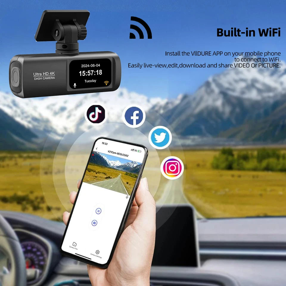 E-ACE Dash Cam 4K Car Video Recorder 170 ° Super Large Angle WIFI GPS 24H Parking Monitoring Car DVR 1080P Rear Camera Black Box