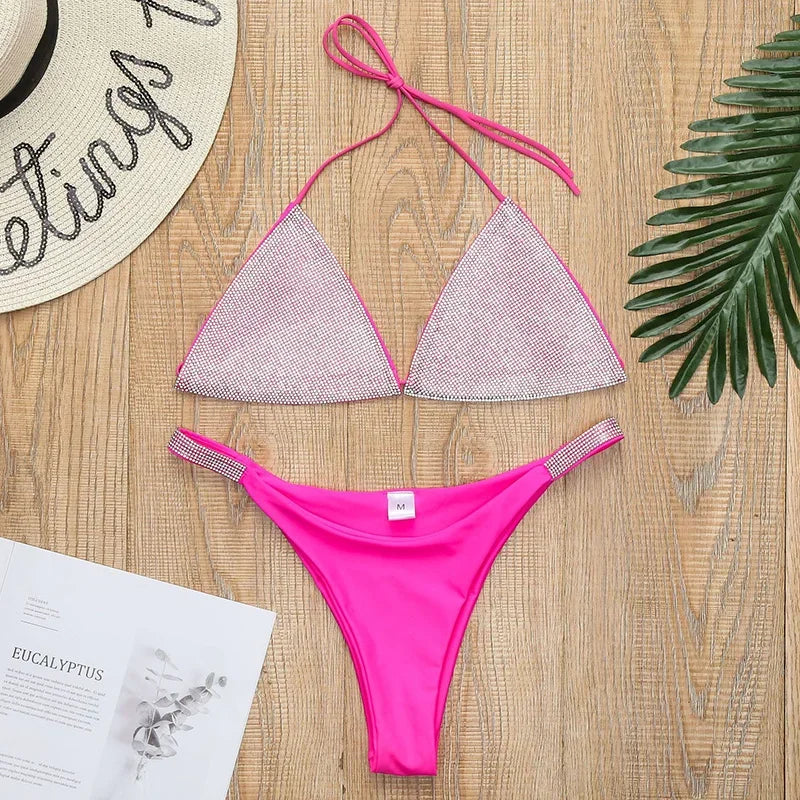 Halter Jewelled Sequins Diamond Bikini Women Swimsuit Female Swimwear Two Pieces Bikini Set Mini Micro Bathing Suit Swim Lady