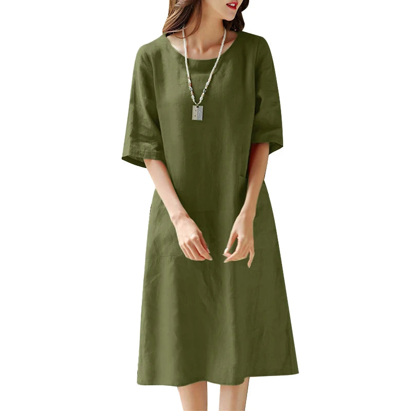 2025 Spring Summer Dress ZANZEA Women O Neck Half Sleeve Sundress Solid Cotton Dresses Robe Femme Casual Loose Holiday Vestidos