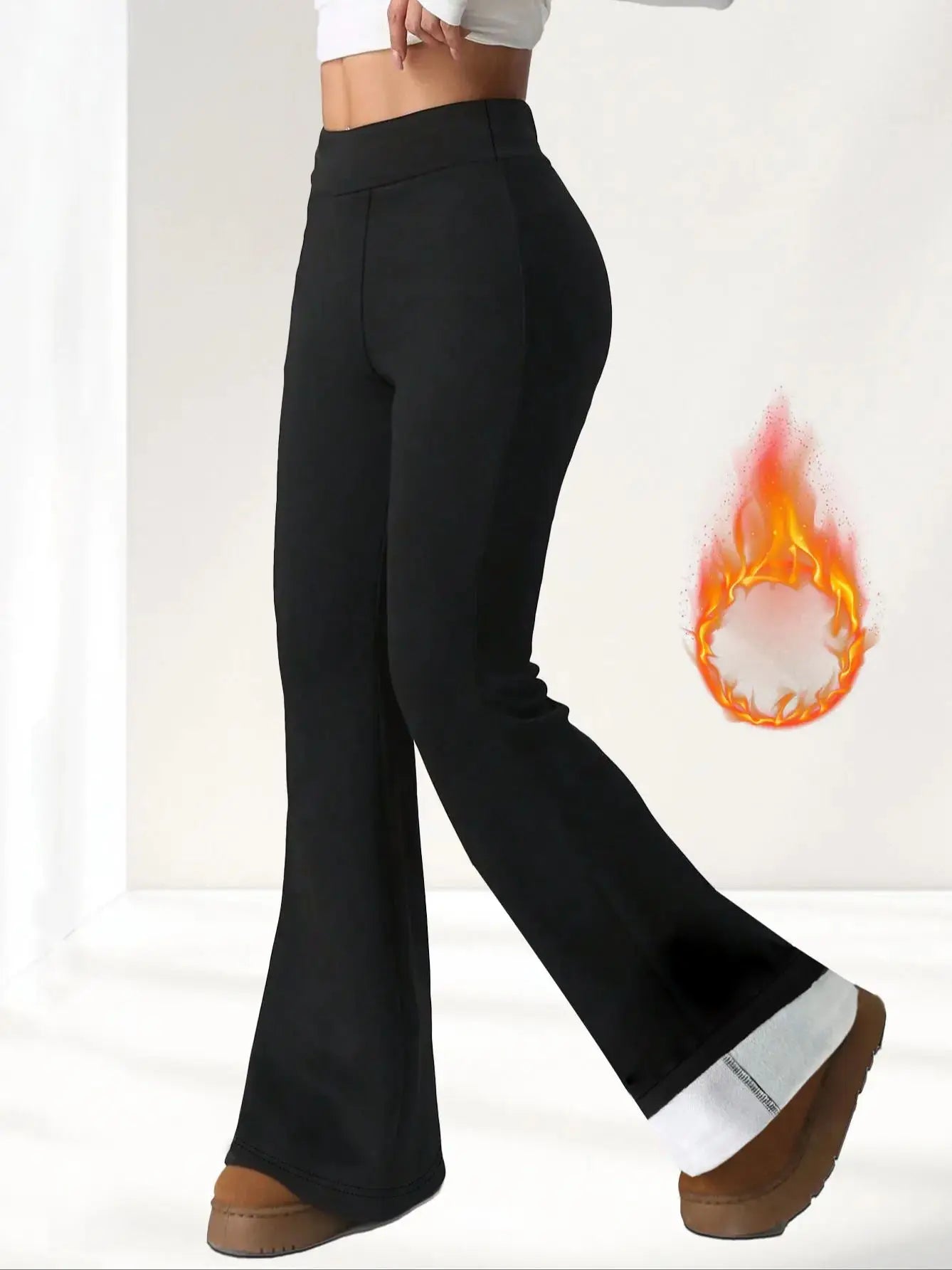 1 pair of women's black wool lined bell bottom pants - winter thick pants with plush lining, warm tight pants with plush lining