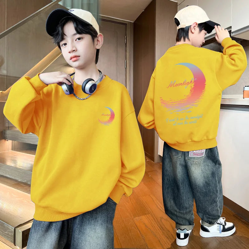 3-14 Years Boys Girls Sweatshirt Pullover Autumn Moon Graffiti Printed Long Sleeves T-Shirt Tops Korean Casual Kids Clothes 2025