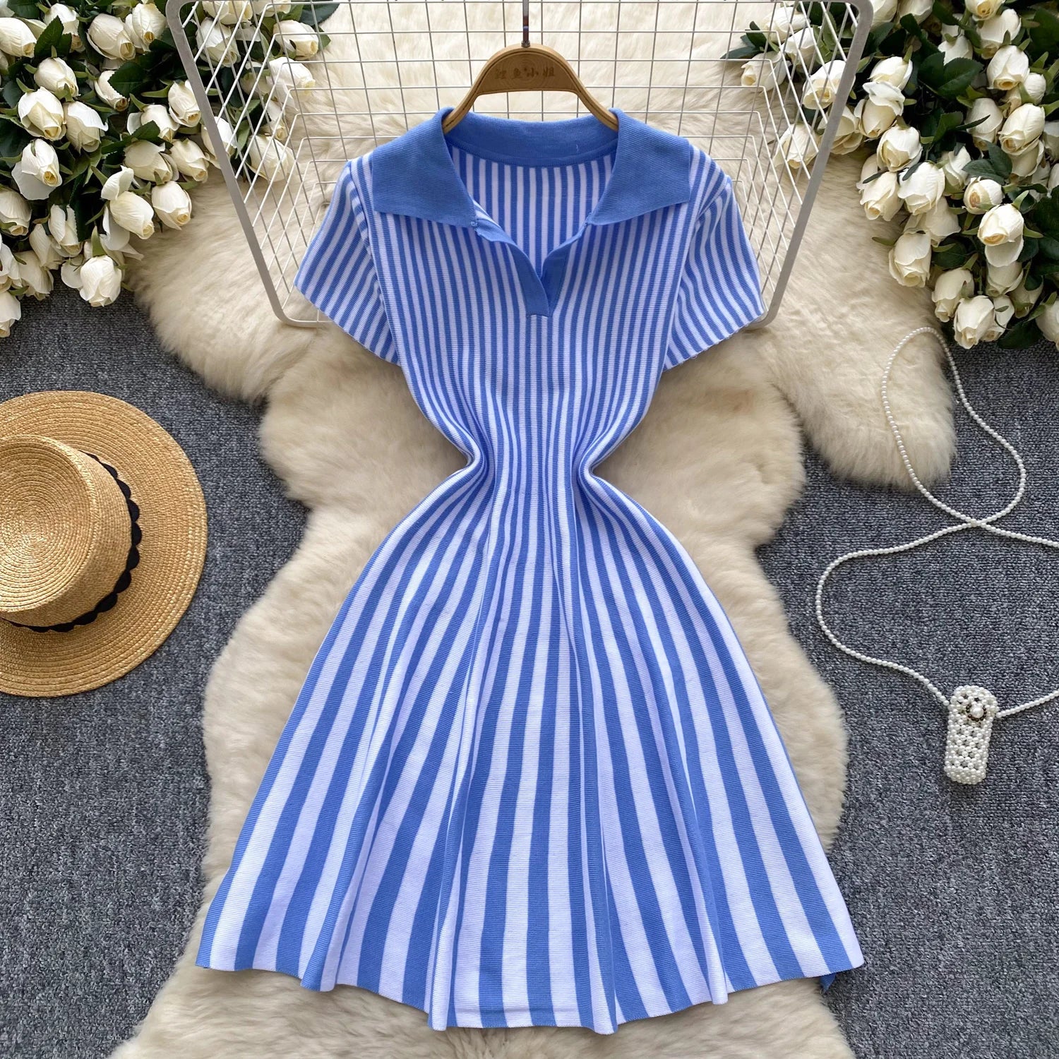 YuooMuoo 2025 New Summer Vintage Vertical Stripes Knitted Summer Dress Women Turn-down Collar Slim Waist A-line Short Dress
