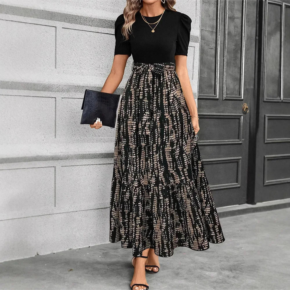 Elegant Floral Print Round Neck Long Dresses Women Short Sleeve High Waist Lace-up Office Lady Holiday Party Dresses Vestidos
