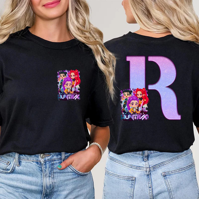 Fashion A-Z 26 Letter T-Shirts Kpop Demon Hunters Graphic Aesthetic Clothing Women T-Shirt Harajuku Female Clothing Y2k Tops