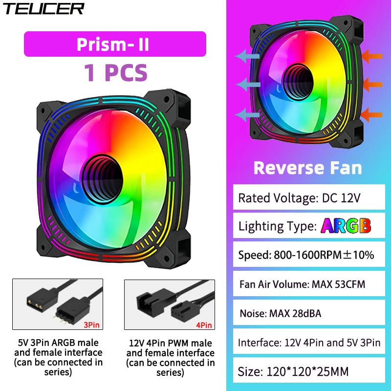 TEUCER Prism-2 1PCS/3PCS ARGB Case Fan, 120mm PWM 800-1600RPM 5V 3Pin RGB Gaming PC Cooling Fan