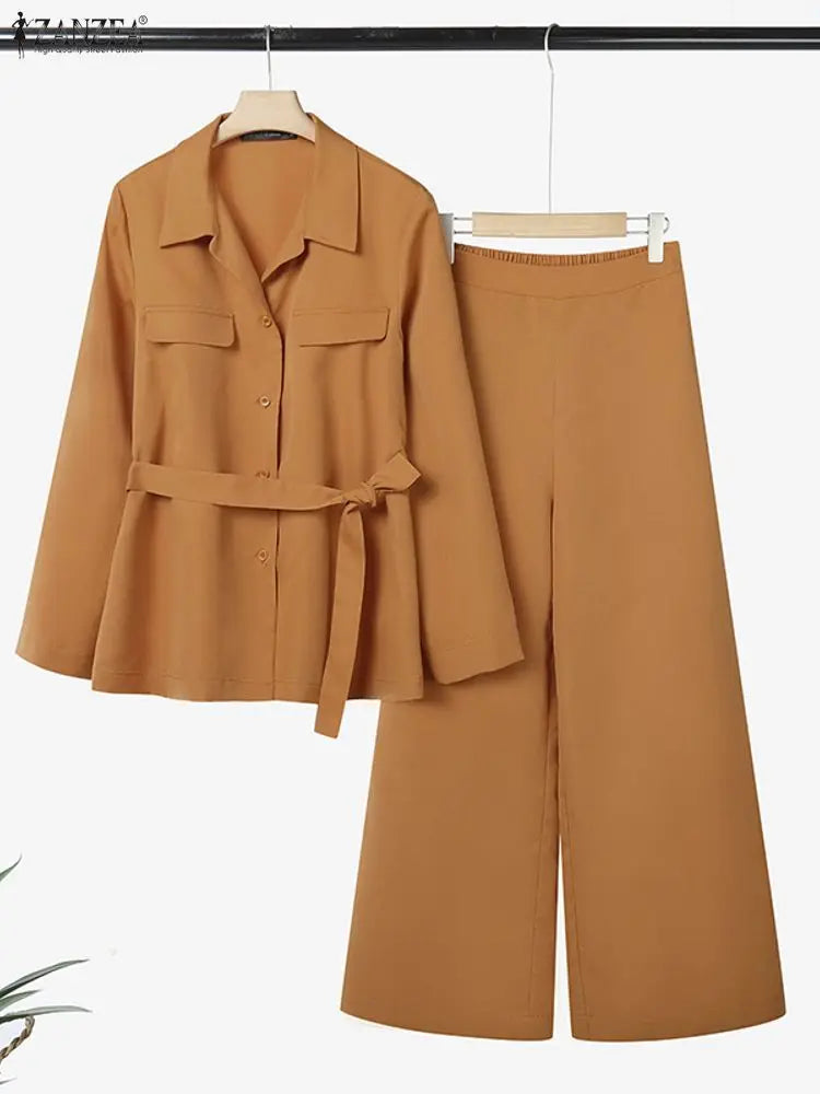 ZANZEA Autumn 2 Pieces Sets Fashion Lapel Neck Long Sleeve Shirt Pant Suits 2025 Elegant Women OL Work Tracksuit Solid Outfits