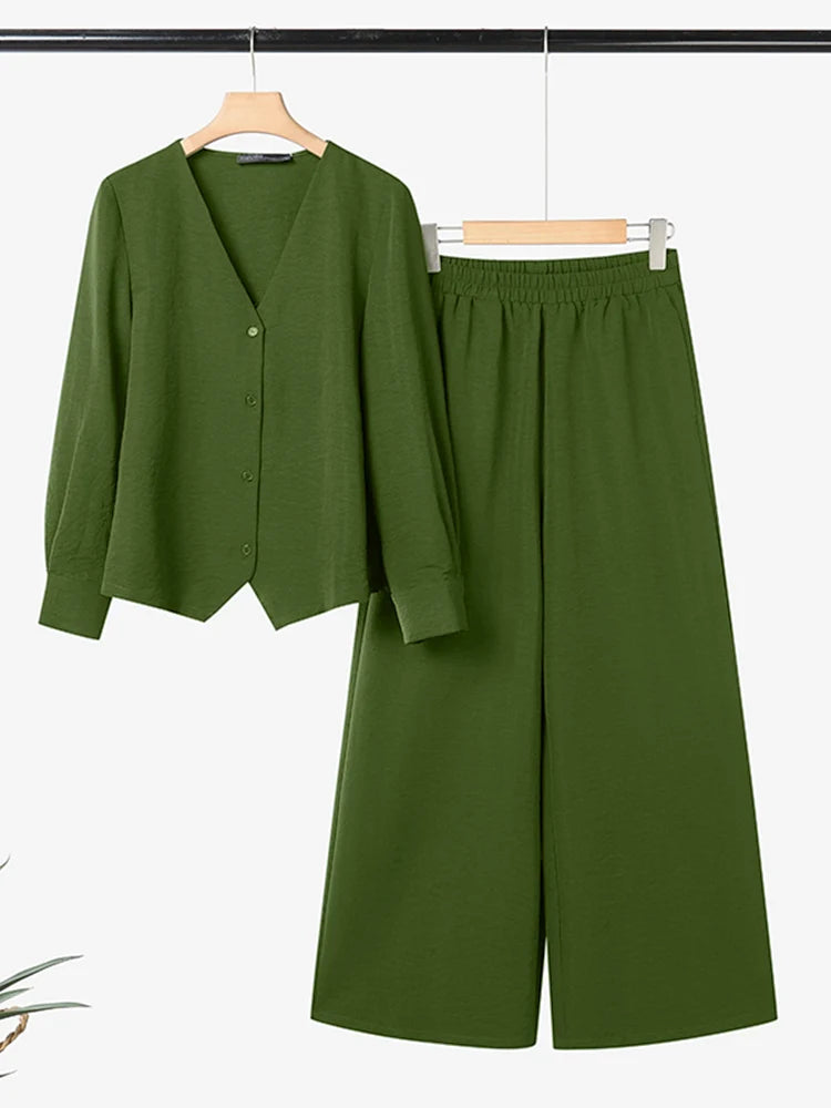 Fashion Autumn Pant Sets ZANZEA Women 2025 Matching Sets Elegant V Neck Long Sleeve Tops Pant Suit Casual Solid OL Work Outfits