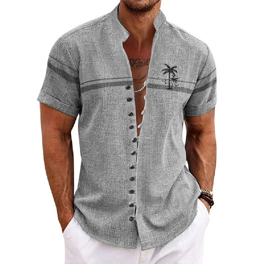New men's linen short-sleeved shirt, with a fashionable retro style, ethnic motif printing, comfortable and breathable. Men's sh