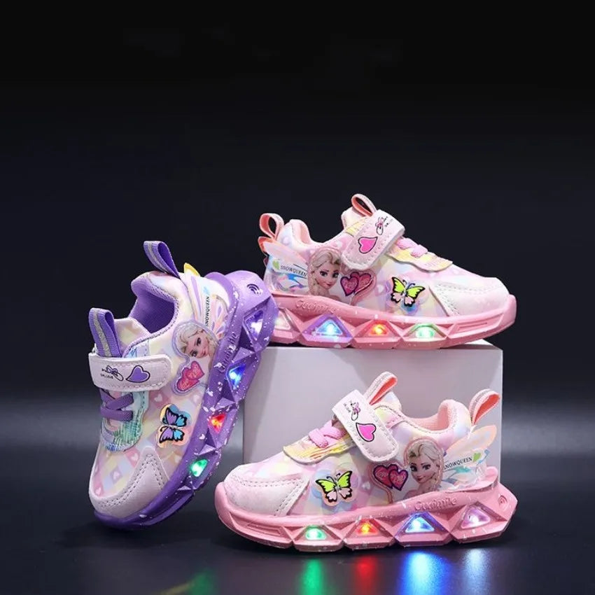 Pink Elsa Princess Baby Girls Sneaker Cartoon Fashion Children's Shoes Spring Autumn Kids Led Lighting Sports Sneakers