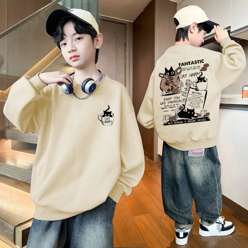 New Boys Girls Sweatshirt Pullover Autumn Korean Version Cartoon Cat Group Printed Long Sleeves T-Shirt Tops Casual Kids Clothes
