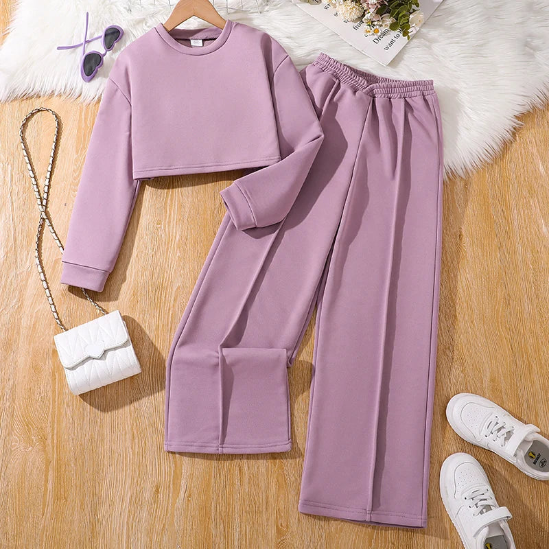 Spring Autumn Kids High Quality Clothes Sets For Girls Solid Color Cropped Top And trousers Brief Causal Style Loose Comfortable