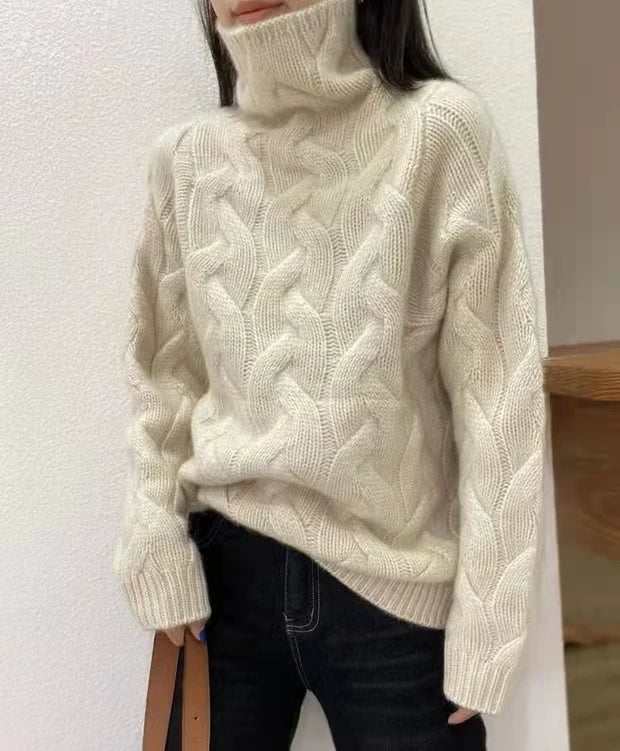 100% pure cashmere sweater women's autumn and winter high-necked loose twisted thick lazy wind bottoming plus size sweater