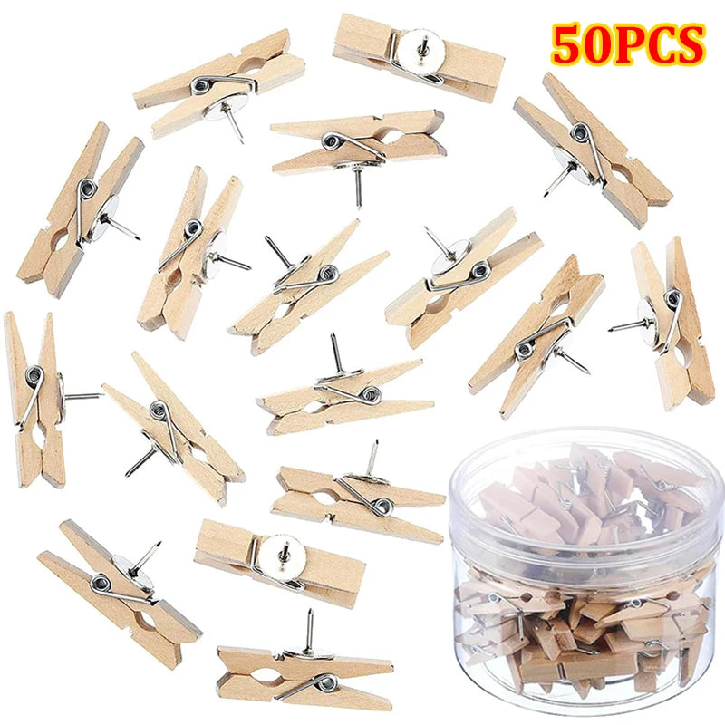 50Pcs/20PCS Wooden Clips Push Pins Tacks Decorative Photo Clips Supplies Office School Stationery Binder