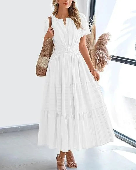 2025 Spring and Summer Cross border European and American Fashion Women's V-neck Folded Bubble Sleeve Layered Big Swing Dress