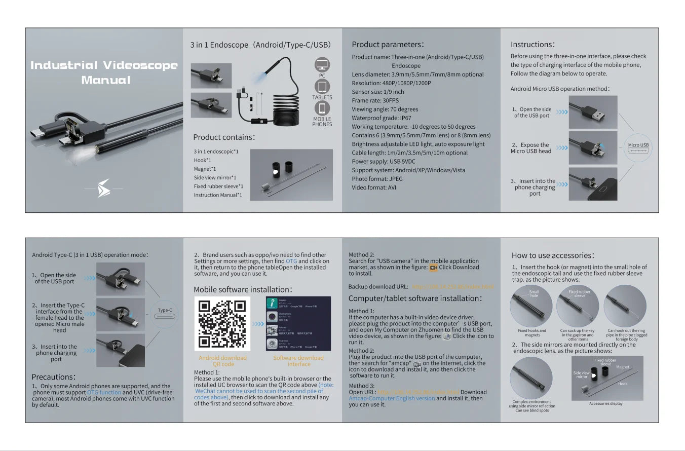 3 In 1 Automotive Boroscope Camera 1080p HD 8mm Industrial Inspection Endoscope Camera Pipeline Car Engine Probe For OTG Android