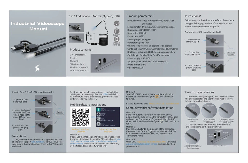 3 In 1 Automotive Boroscope Camera 1080p HD 8mm Industrial Inspection Endoscope Camera Pipeline Car Engine Probe For OTG Android