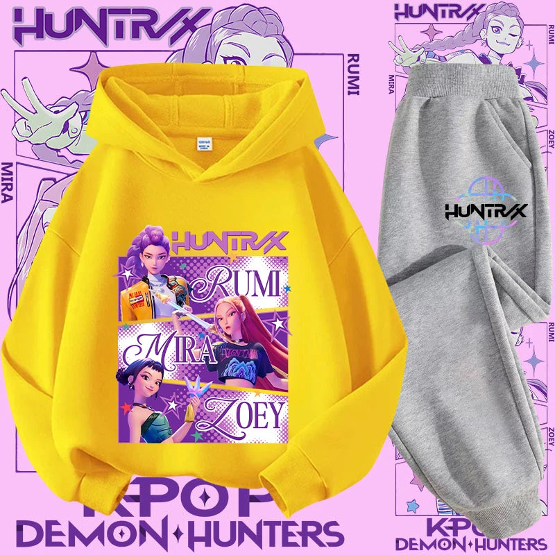 K-pop Demon Hunter New Children's Hoodie Set - Cute Girls' Casual Top for Kids,Boys' Sports Shirt with Cartoon Print-2-Piece Set