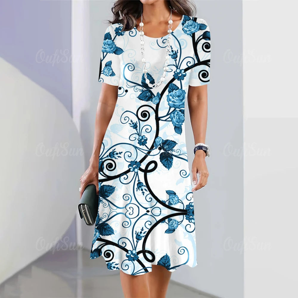 Summer Women'S Dresses 3d Art Flowers Printed Short Sleeve Clothing Elegant Loose A-Line Skirt Fashion Lady Large Size Dress
