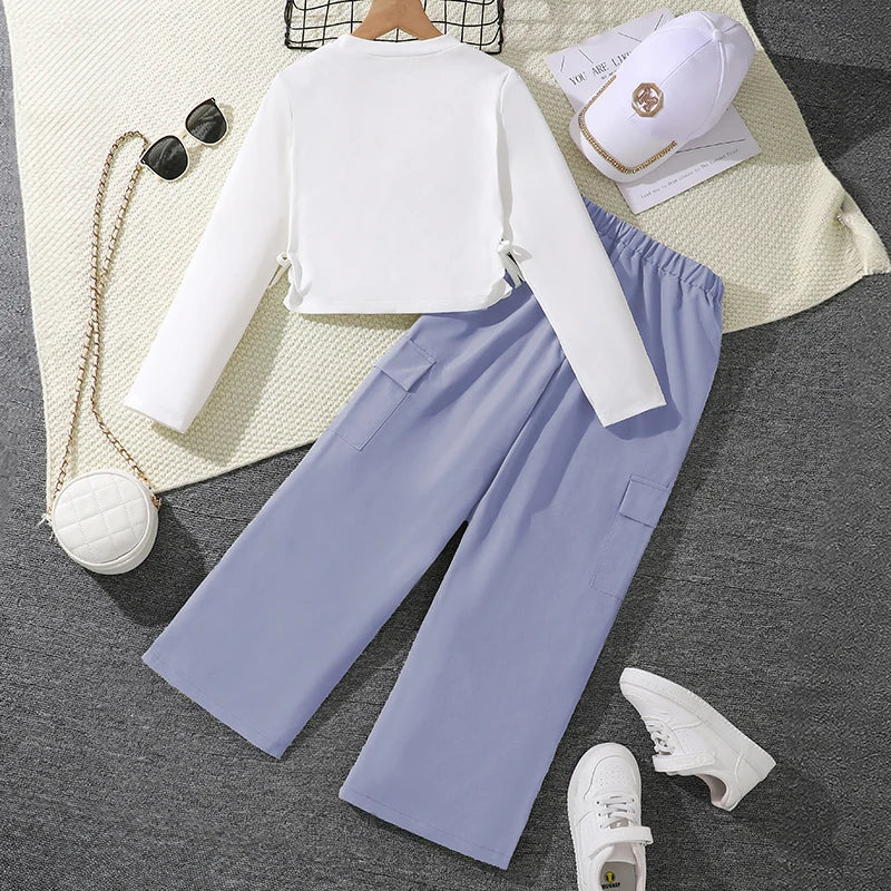 2024 New Spring Autumn Girls Matching Clothes 8-12 Years Solid Color Vacation Party Daily Casual Clothing Korean Style Outfits