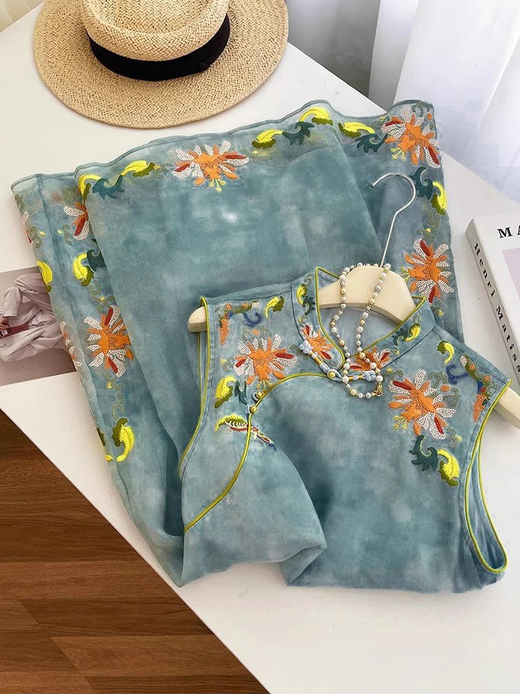 Chinese Style Blue Cheongsam Dress Women Autumn 2025 Embroidered Slim Fit Elegant Qipao Midi Dress Vintage Fashion