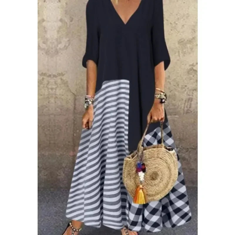 Women's S-5XL size Classic striped shirt dress casual and elegant V-neck short sleeved plain printed dress long casual dress