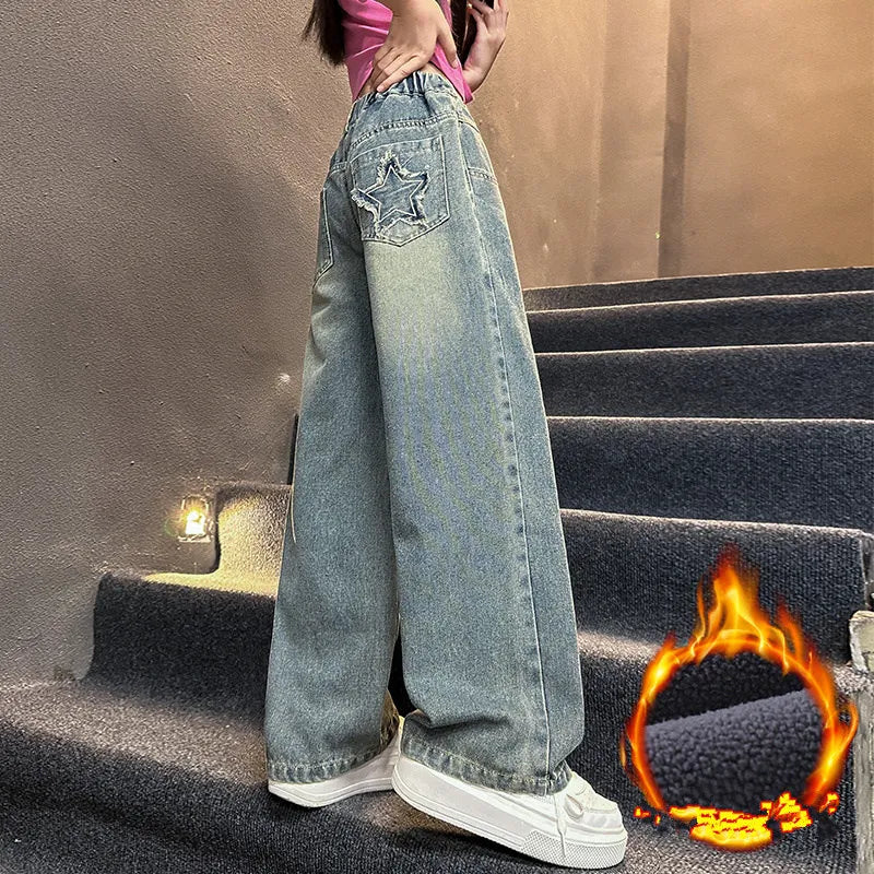 Korean Style Children Insulated Jeans for Girl Baby Warm and Thick Thermal Denim Pants for Girls Autumn Winter Trousers for Kids