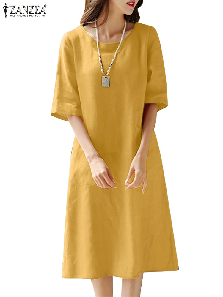 2025 Spring Summer Dress ZANZEA Women O Neck Half Sleeve Sundress Solid Cotton Dresses Robe Femme Casual Loose Holiday Vestidos