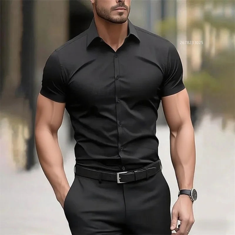 Solid color men's shirt casual shirt, high quality solid color short sleeve stretch fabric, business formal shirt, XS-6XL size