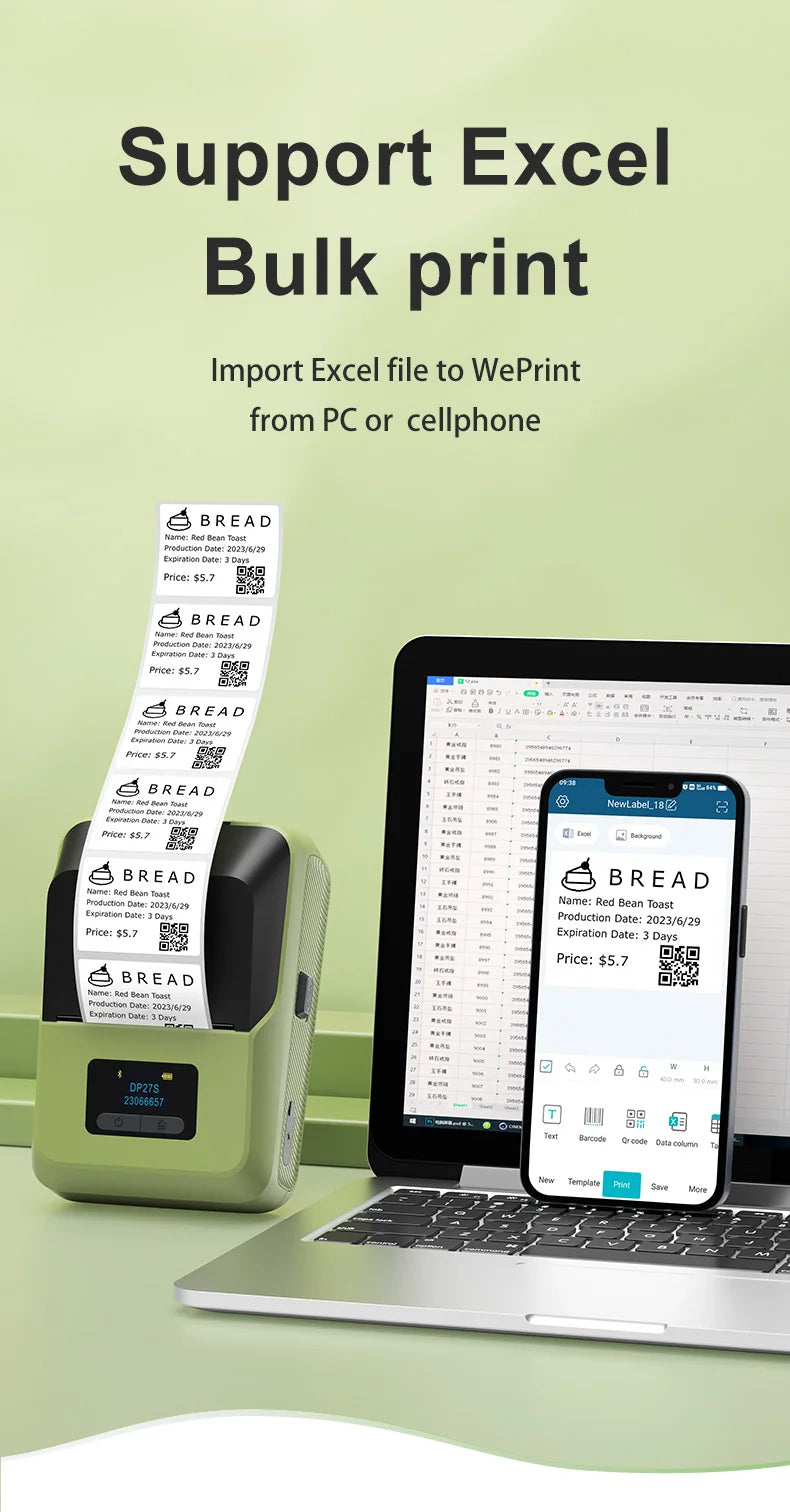 DETONGER DP27S 2inch Mini Thermal Printer No Ink Wireless Connect Compatible iOS Android for Home&Office Cable Sticker Printer