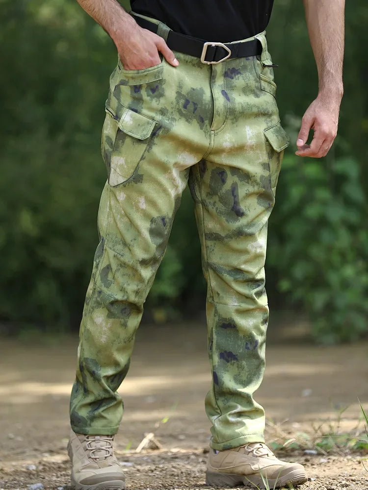 Fleece Lined Tactical Cargo Pants Men's Warm Thickened Outdoor Softshell Trousers Multi-Pocket Work Hiking Climbing Casual Wear