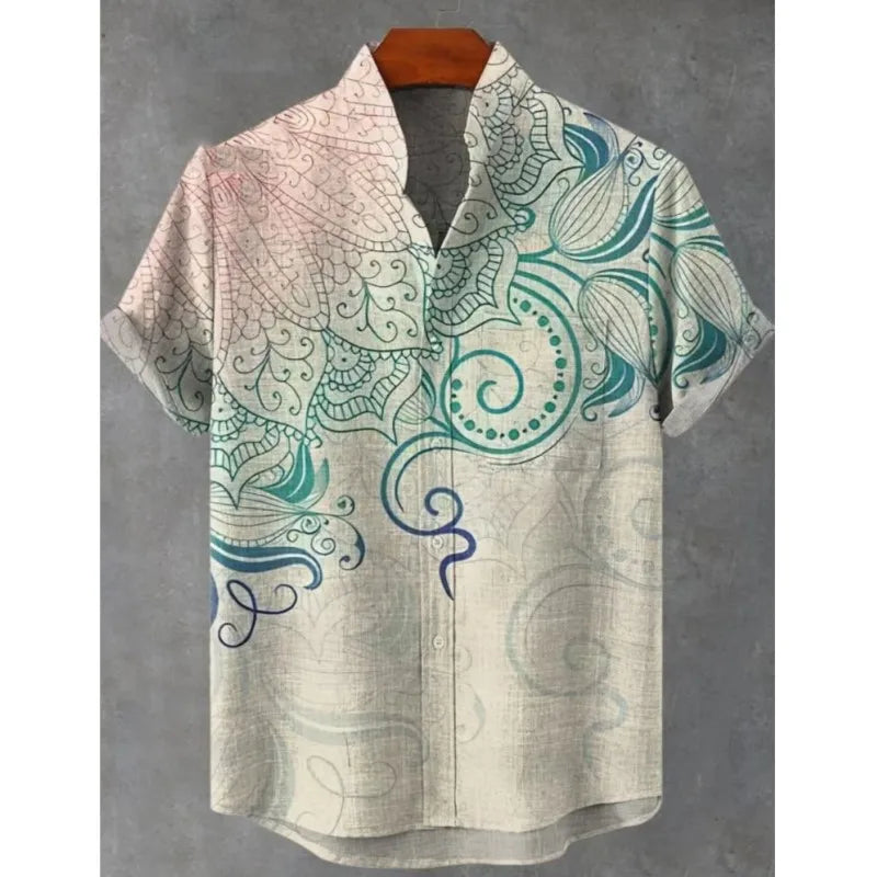2025 Men's Mandala Flower Pattern Short Sleeve Shirt Summer Vintage New Linen Shirt men's Short Sleeve Leisure Holiday Streetwea