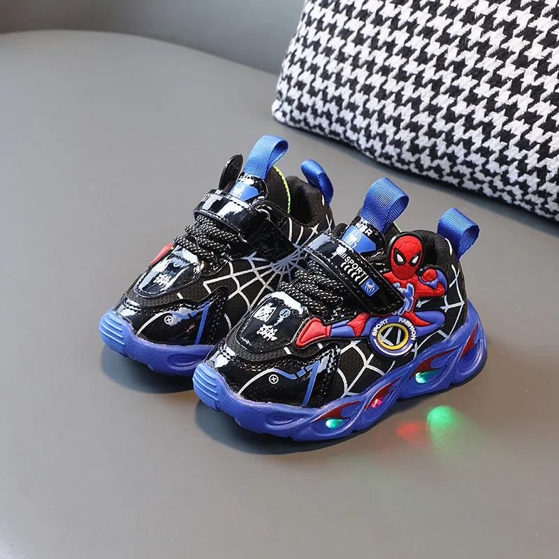 Boys Glowing Light Up Shoes Kids Leather Spider-Man Single Sneakers Kids LED Luminous Children's Shoes Kids Shiny Light Sneakers