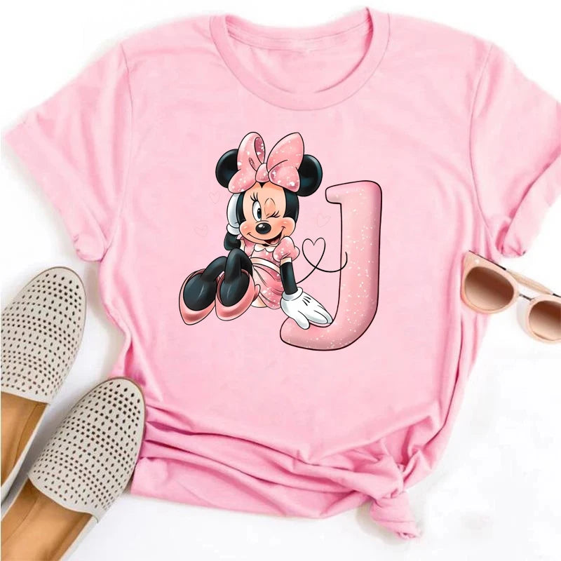 Disney Cartoon Minnie Mouse Letter A B C D E F Print Women Summer T Shirt Harajuku Casual Short Sleeves Pink Female Tshirts
