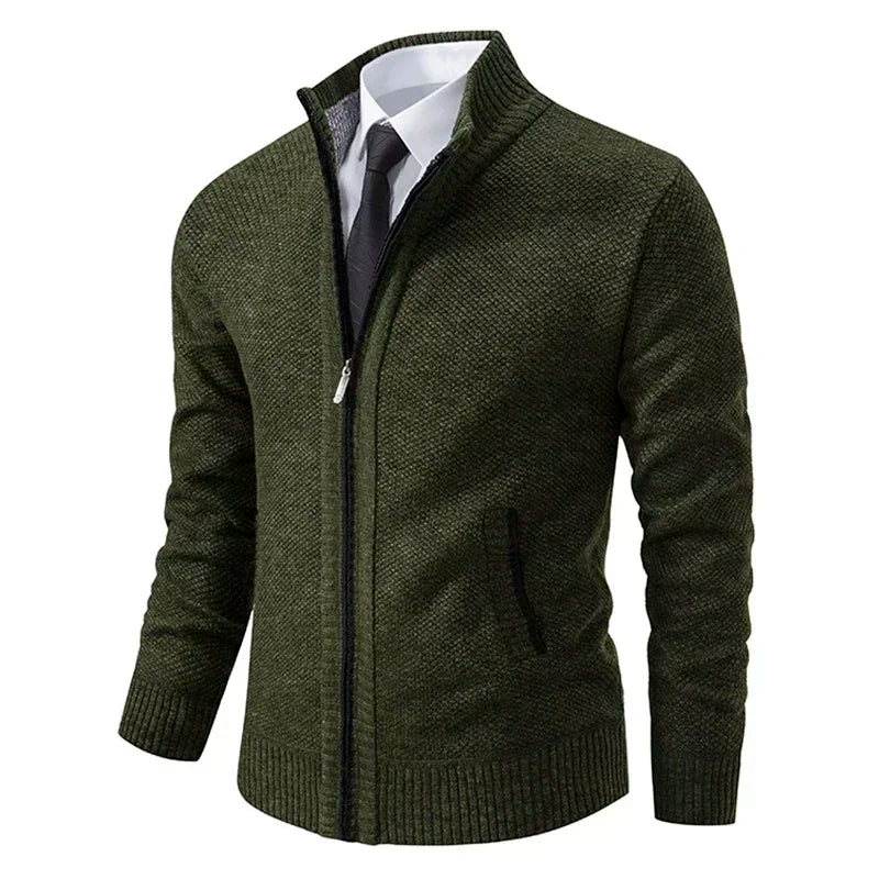 2025 Autumn and Winter New Jersey Men's Casual Sports Coat Solid Color Stand Collar Sweater Grab Fleece Warm Zipper Cardigan