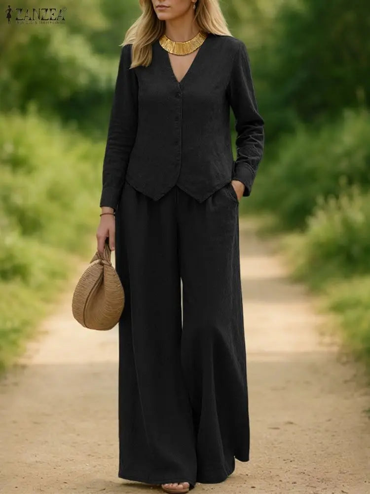 Fashion Autumn Pant Sets ZANZEA Women 2025 Matching Sets Elegant V Neck Long Sleeve Tops Pant Suit Casual Solid OL Work Outfits