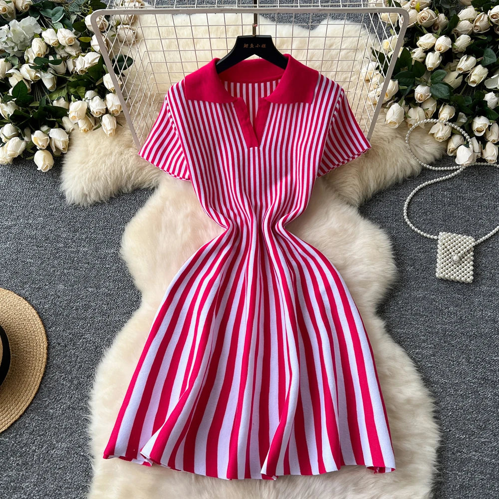 YuooMuoo 2025 New Summer Vintage Vertical Stripes Knitted Summer Dress Women Turn-down Collar Slim Waist A-line Short Dress