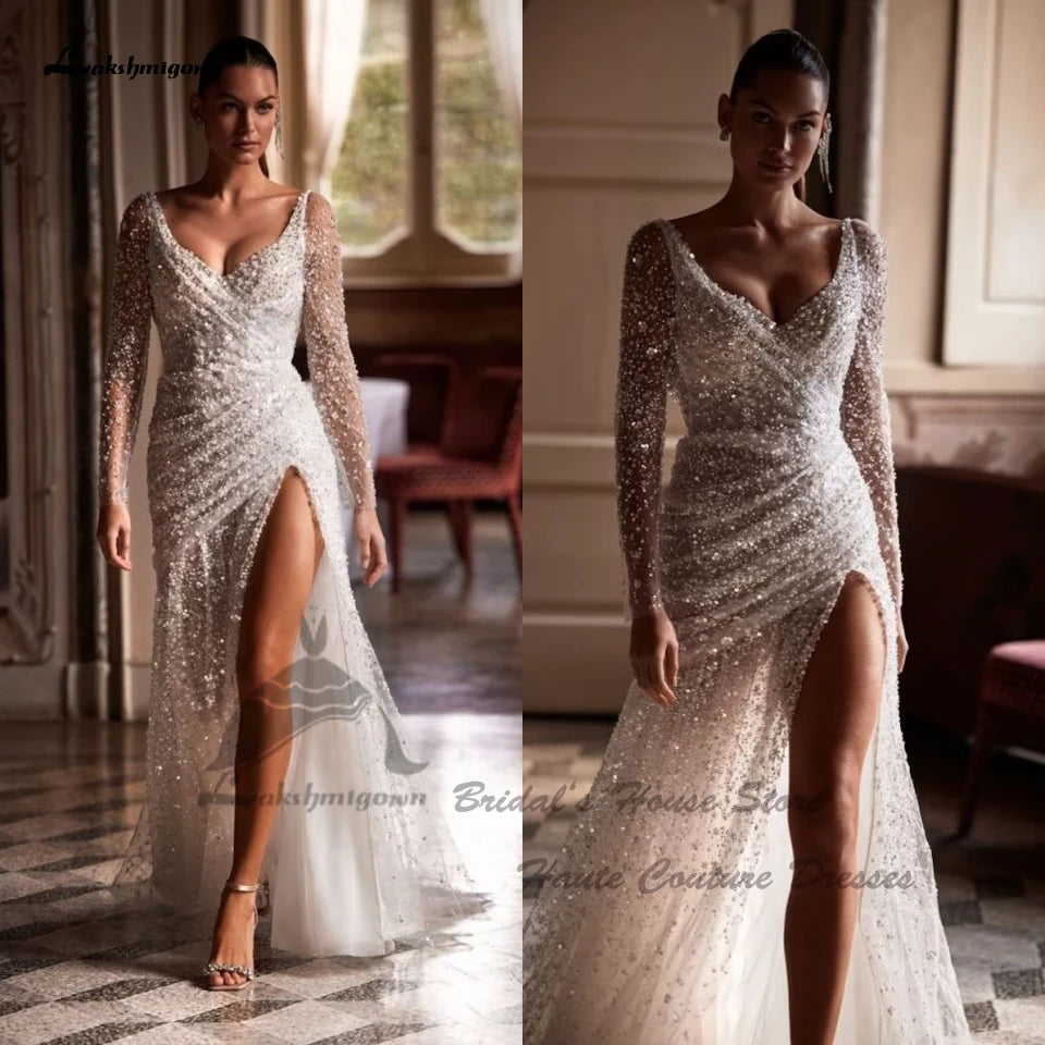 Lakshmigown Luxury Beading Mermaid Wedding Gowns High Split 2024 Brautkleid Customized Beach Bridal Dress Long Sleeves
